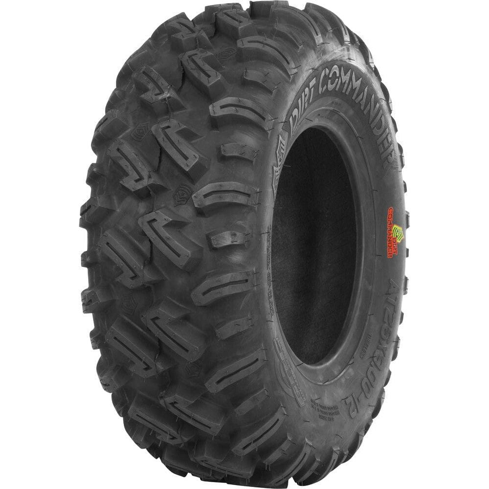 The GBC Tire Dirt Commander Radial 27X11R12 is a black, heavy-duty off-road tire with deep, rugged tread for superior traction on rough terrain. Its tough sidewall features the Dirt Commander brand and tire specs.