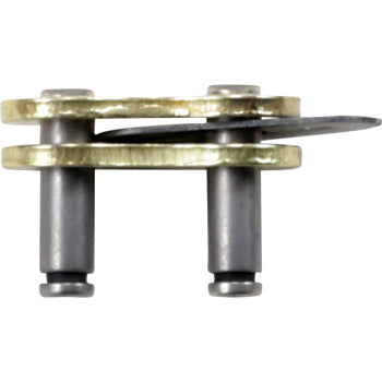 Close-up side view of the Pro MX 520 RXP Clip Connecting Link Gold by Moose Offroad, showing two pins, a clip partially inserted, and two outer plates securing the link components.