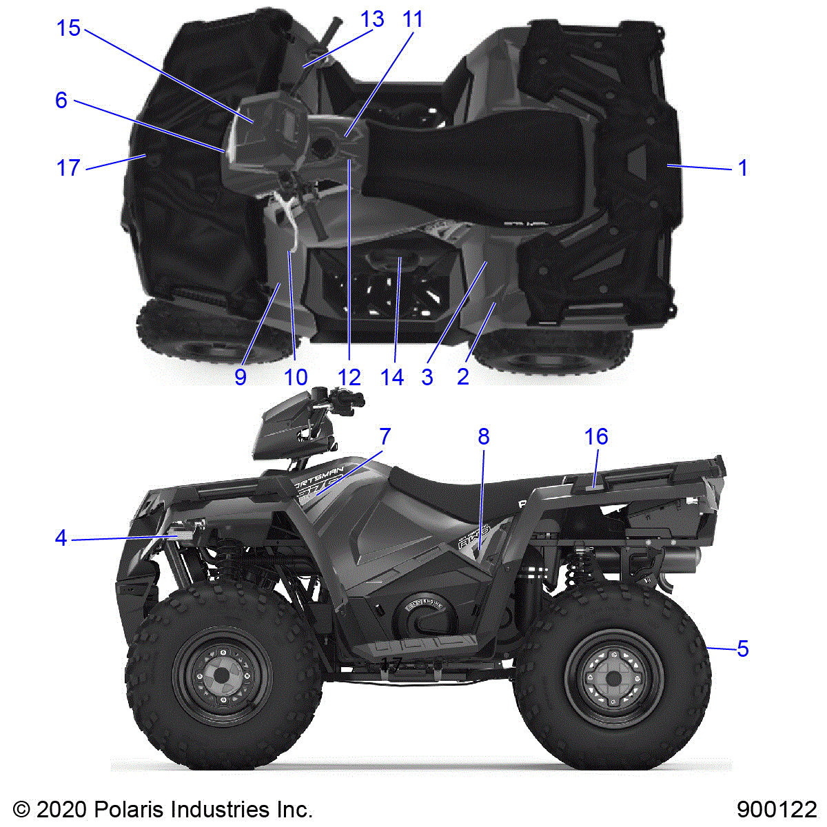 An Image of a Genuine Polaris Parts Schematic Diagram showing the schematic - BODY: DECALS - 2020 POLARIS SPORTSMAN 570 EPS