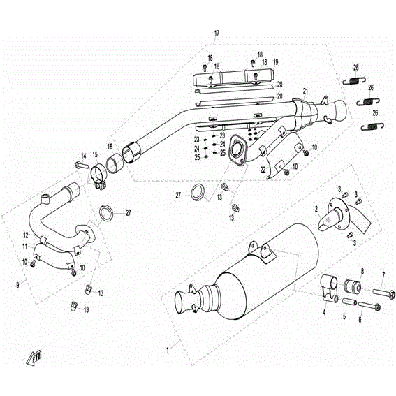 An Image of a genuine CFMOTO Parts Schematic Diagram showing the group - MUFFLER COMP - 2015 CFMOTO CFORCE 800 X8