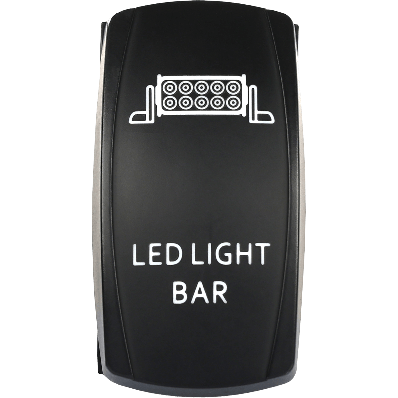The Light Bar Led Switch Pro Backlit by Open Trail is a weather-sealed black rocker switch with a white LED light bar icon and LED LIGHT BAR text for durability and clear identification.