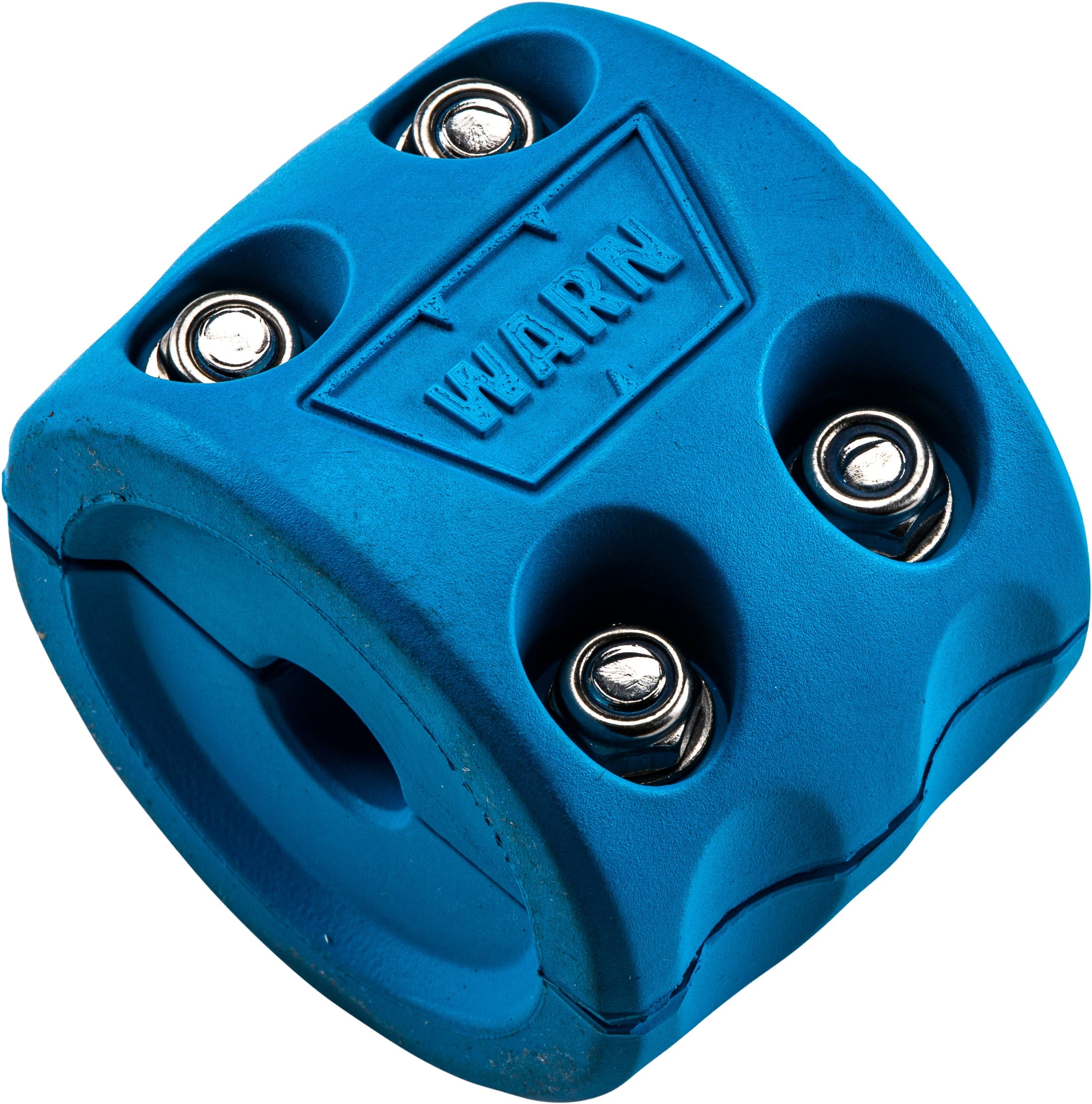 A blue Warn Winch Hook Bump Stop with four visible metal bolts, designed for off-road recovery and winching. The surface features the embossed Warn logo.