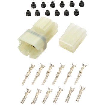 The Multi Conductor Electrical Connectors Six Pin Water Resistant by Shindy includes a two-piece plastic housing, twelve black rubber grommets, and twelve metal pins, all neatly arranged in rows on a white background.