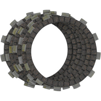 The Clutch Kit by Ebc features three overlapping circular friction plates with textured, segmented surfaces and raised notches, arranged fanned out on a white background for improved heat resistance.