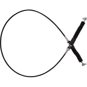 Black flexible shift cable with metal end fittings and protective accordion-style rubber boots on both ends.