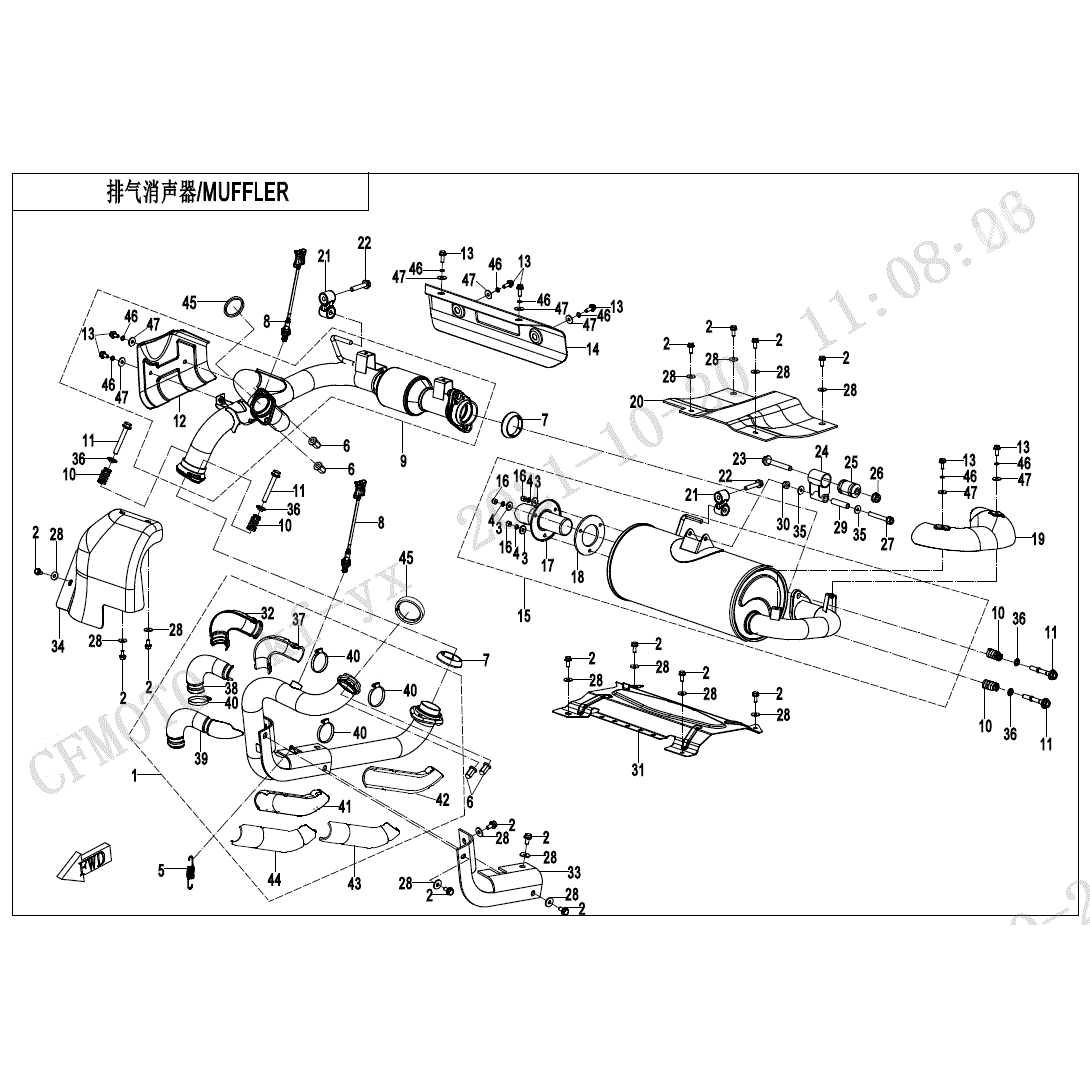 An Image of a Genuine CFMOTO Parts Schematic Diagram showing the schematic - MUFFLER - 2022 CFMOTO UFORCE 1000 XL