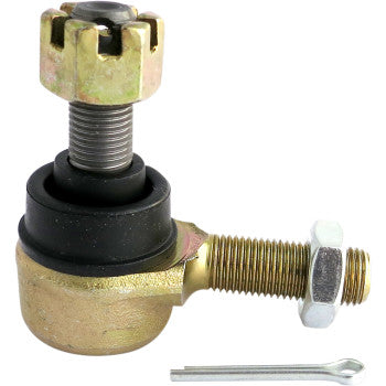 The Tie Rod End Left & Right Outer by Epi is shown on a white background with a threaded bolt, hex nut, cotter pin, black rubber seal, and castle nut. This OEM-quality part ensures a direct replacement fit for lasting performance.