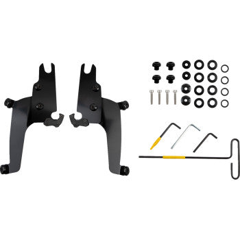 The Sportshield Mounting Kit - Black by Memphis Shades includes black metal brackets, screws, washers, bolts, and three hex keys arranged neatly on a white background.