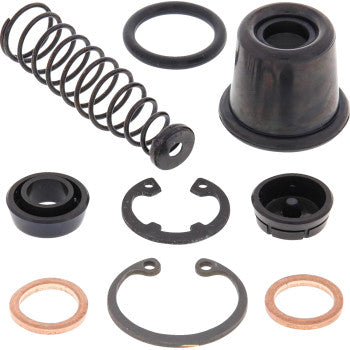 The Master Cylinder Rebuild Kit Rear by All Balls includes assorted small parts such as a metal spring, rubber rings, washers, rubber cap, and circular clips arranged neatly on a white background.