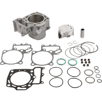 The Kawasaki Cylinder Kit Standard Bore 85.00 mm by Cylinder Works is displayed along with a Vertex piston, rings, gaskets, seals, and other small parts—all arranged neatly on a white background.