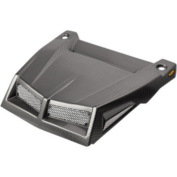 The Hood Black Carbon X17 by Maier is a vacuum-formed black carbon fiber motorcycle part with angular vents, a mesh center, and two mounting holes at the top for enhanced durability.