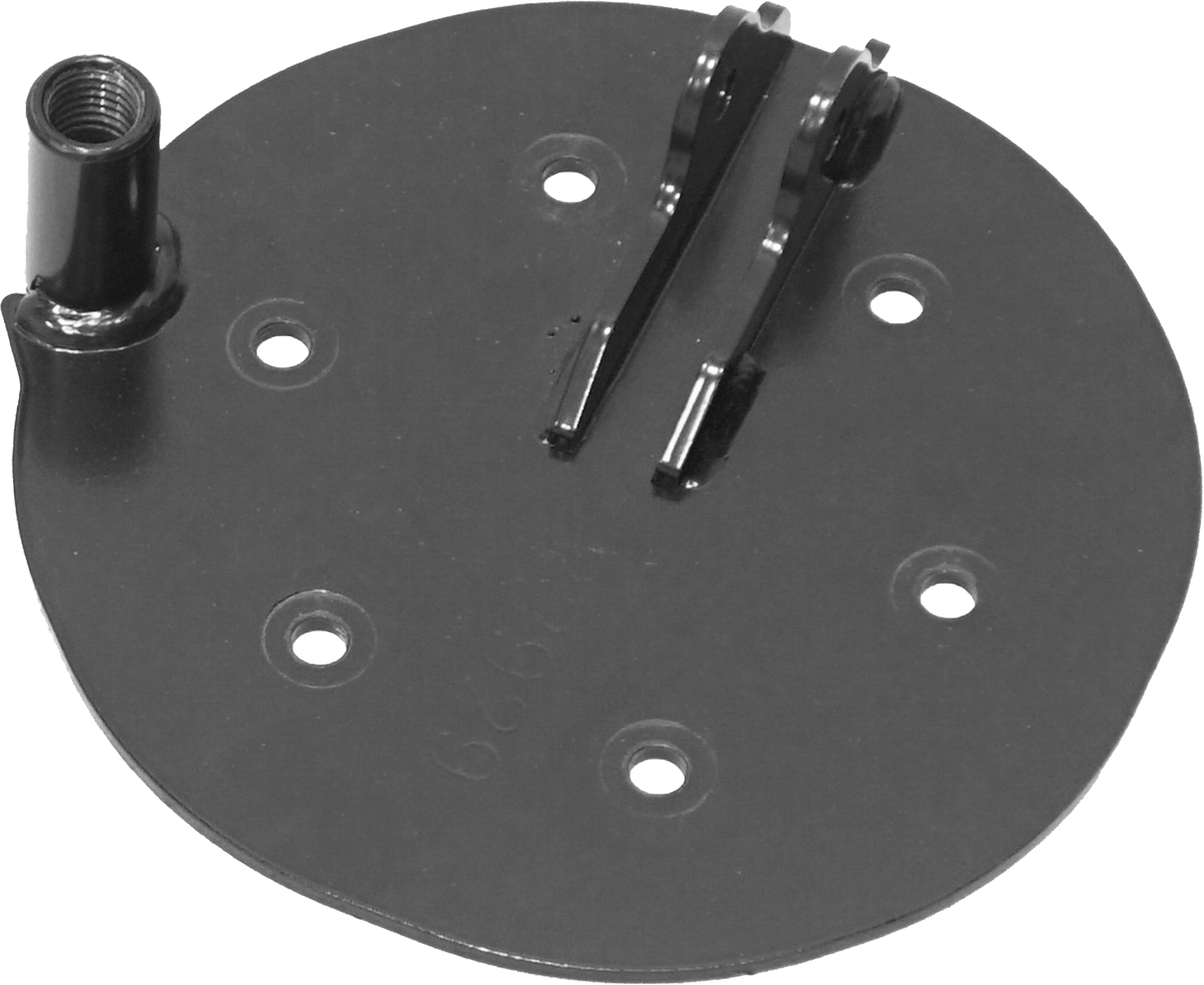 The Pushtube Retainer by Warn is a round, black plastic mounting base with a raised threaded connector on one side, a hinged attachment clip on top, and several evenly spaced holes.