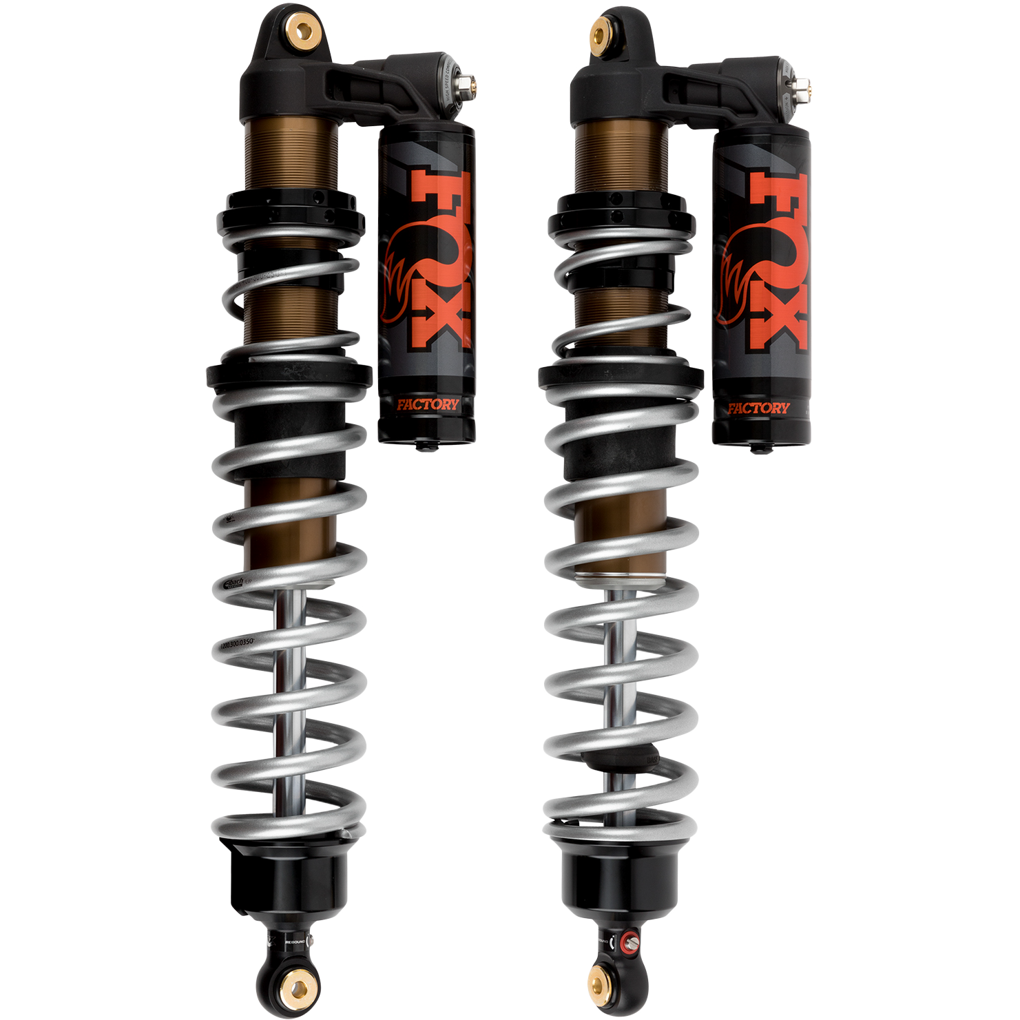 Two Polaris RZR XP (2 Seat) Rear 2.0 Podium RC2 Shocks by Fox with coils and piggyback reservoirs, shown in black, orange, and silver accents on a white background.