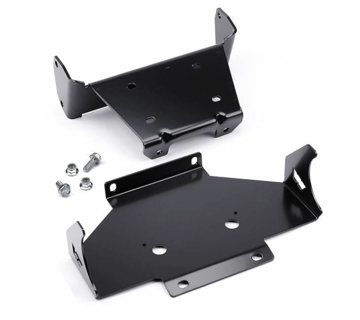 The Yamaha SXS Winch Mounting Kit By Warn includes two black metal brackets with multiple holes and attachment points, plus four bolts and nuts. Designed for ATV winch setups, they offer durability and corrosion resistance.