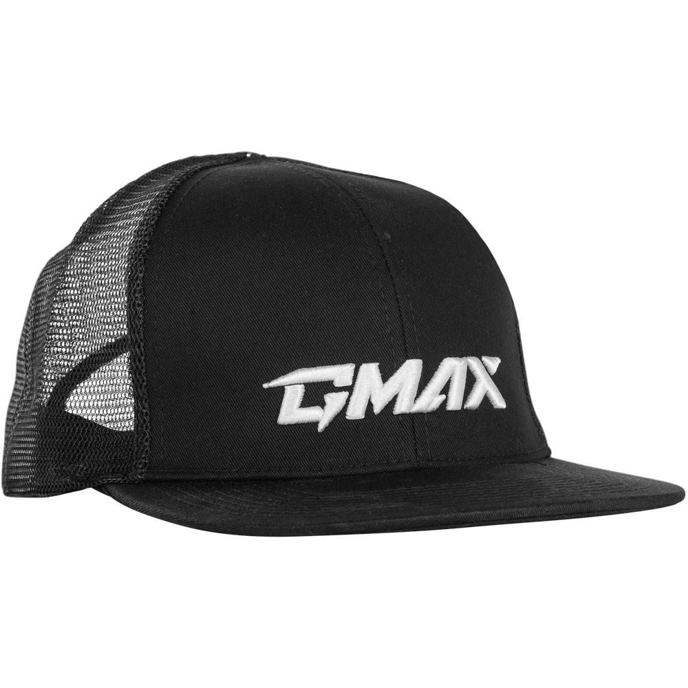 The Mesh Snapback Hat by GMAX features a black mesh design, flat brim, and "GMAX" embroidered in white on the front panel.
