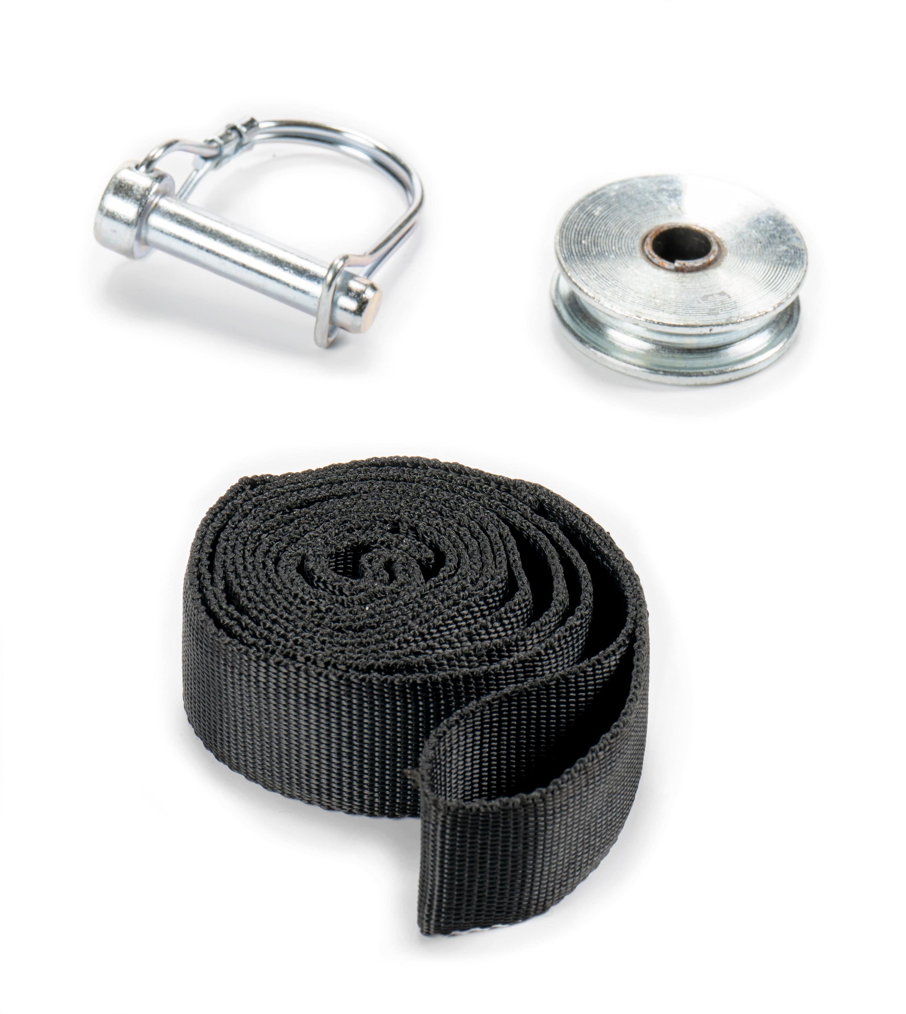 The Provantage II Plow Lift Pulley by Warn, featuring a metal D-shackle, metal pulley, and rolled black nylon strap, is displayed on a white background.