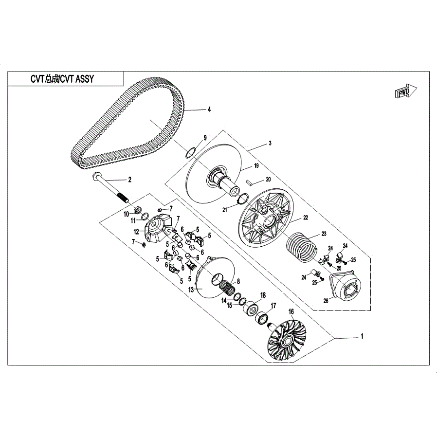 An Image of a Genuine CFMOTO Parts Schematic Diagram showing the schematic - CVT ASSY - 2019 CFMOTO UFORCE 500