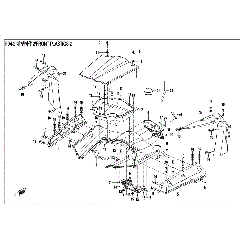 An Image of a Genuine CFMOTO Parts Schematic Diagram showing the schematic - FRONT PLASTIC - 2018 CFMOTO ZFORCE 1000