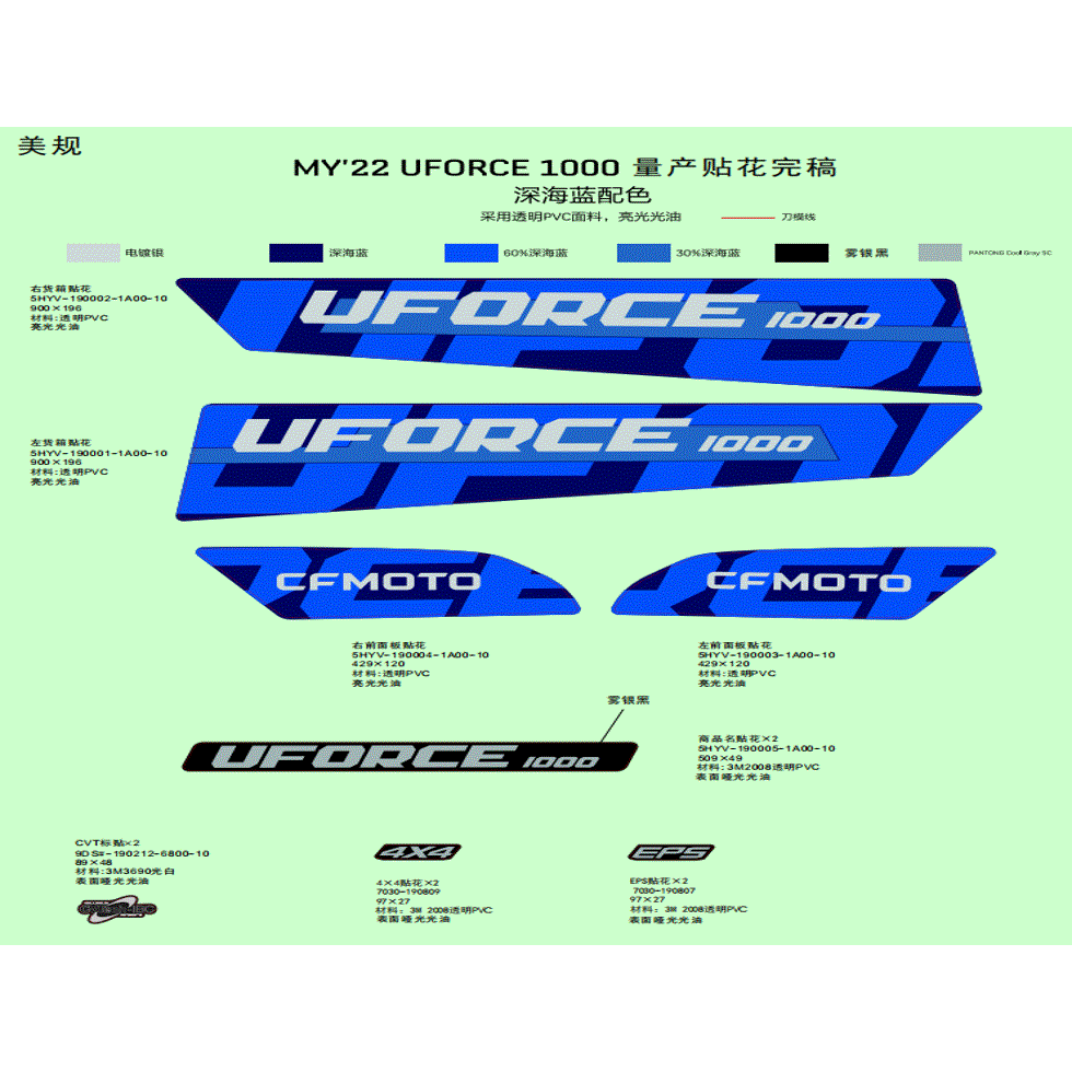 An Image of a Genuine CFMOTO Parts Schematic Diagram showing the schematic - DECAL KIT - 2022 CFMOTO UFORCE 1000