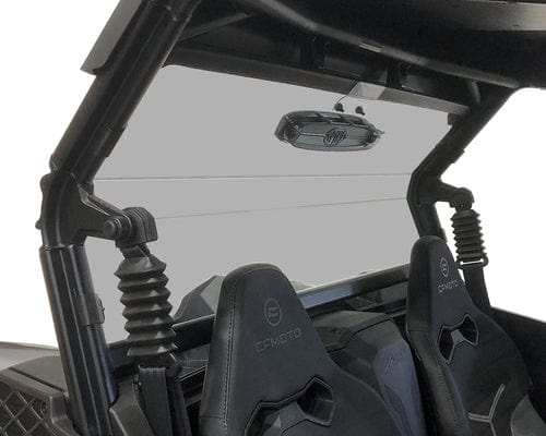 Close-up of a CFMOTO side-by-side interior featuring two black seats, a clear UTV windshield, rearview mirror on the top frame, and a Spike Gen 2 Tinted Vented Rear Windshield for Z-Force 800/950 for added protection and style.