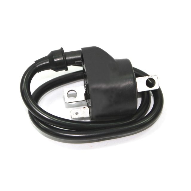The Honda/Polaris UTV/ATV Ignition Coil by Bronco features an attached wire coiled around its black body and includes two metal mounting brackets, shown on a white background.