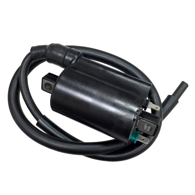 A Yamaha Raptor Ignition Coil by Bronco, black with a coiled spark plug wire wrapped around its cylindrical body and visible metal terminals at one end, isolated on a white background.