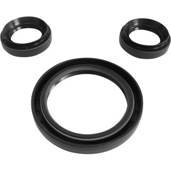 Three oil-resistant black seals from the Differential Seal Kit Front by Epi are arranged on a white background, with one large seal below two smaller ones, forming a simple smiley face.