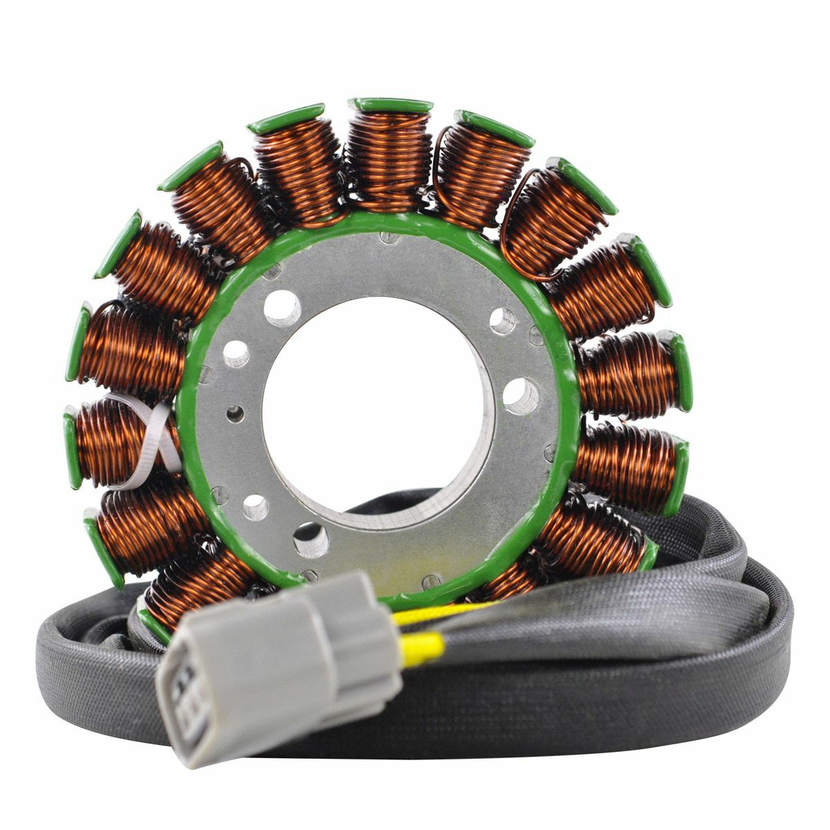 Copper coil stator with green insulation mounted on gray metal plate and attached black cable with gray connector.
