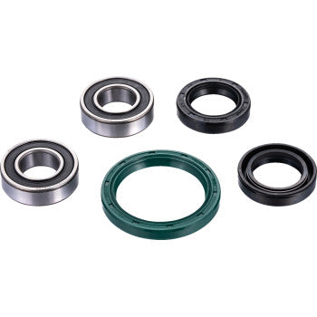 Five circular components from the Yamaha Eton Wheel Bearing Kit Front Left & Right by Factory Links—two off-road ball bearings, two black double-lip oil seals, and one green rubber oil seal—are shown on a white background. Ideal with premium marine grease.