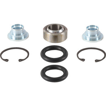 The Polaris Shock Bearing Kit Back Upper Lower by Moose Offroad includes two metal rings, one metal bearing, two black rubber O-rings, and two black retaining clips—an OEM-quality shock rebuild kit displayed on a white background.