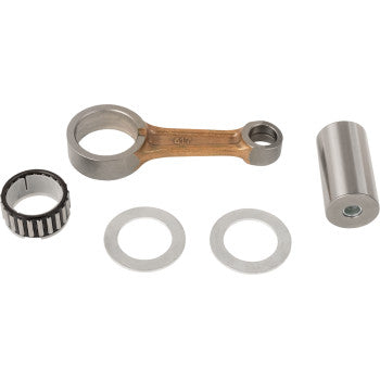 Metal connecting rod with bronze-colored arm, circular bearing, two silver washers, and cylindrical pin for engine assembly.