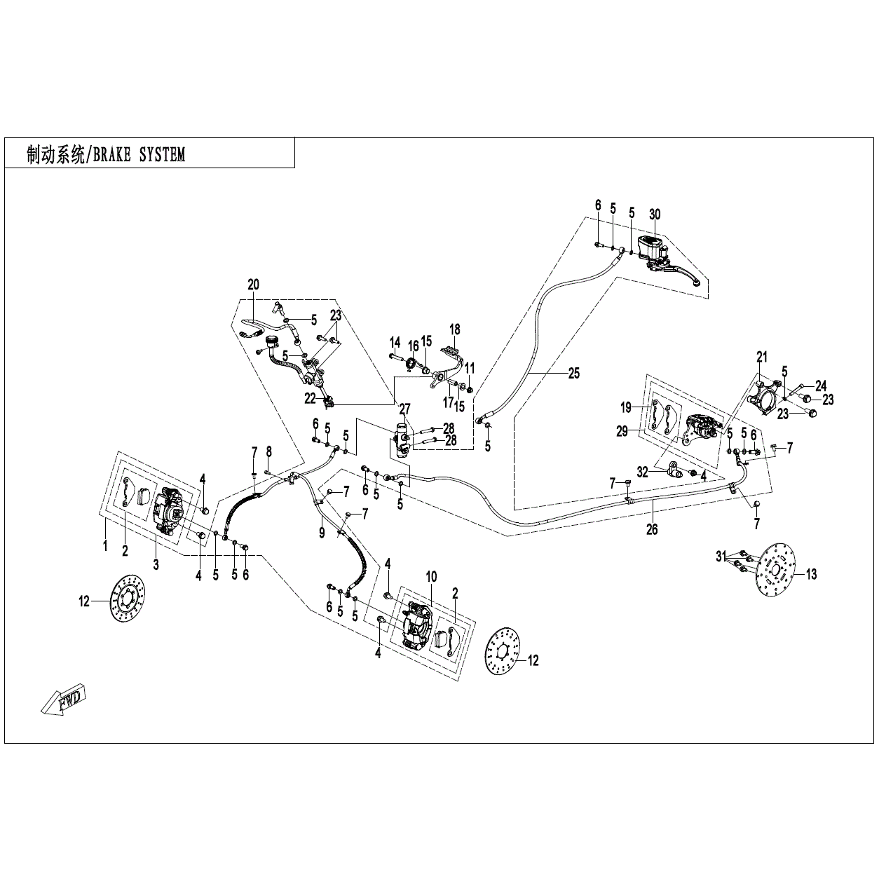 An Image of a genuine CFMOTO Parts Schematic Diagram showing the group - BRAKE SYSTEM - 2023 CFMOTO CFORCE 110