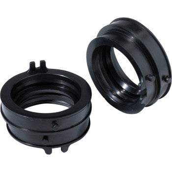 Two black circular threaded adapter rings with ridges and knobs are shown side by side on a white background—perfect as the Honda Moose Carburetor Mounting Flange by Moose Offroad for OEM-quality replacement and improved airflow.