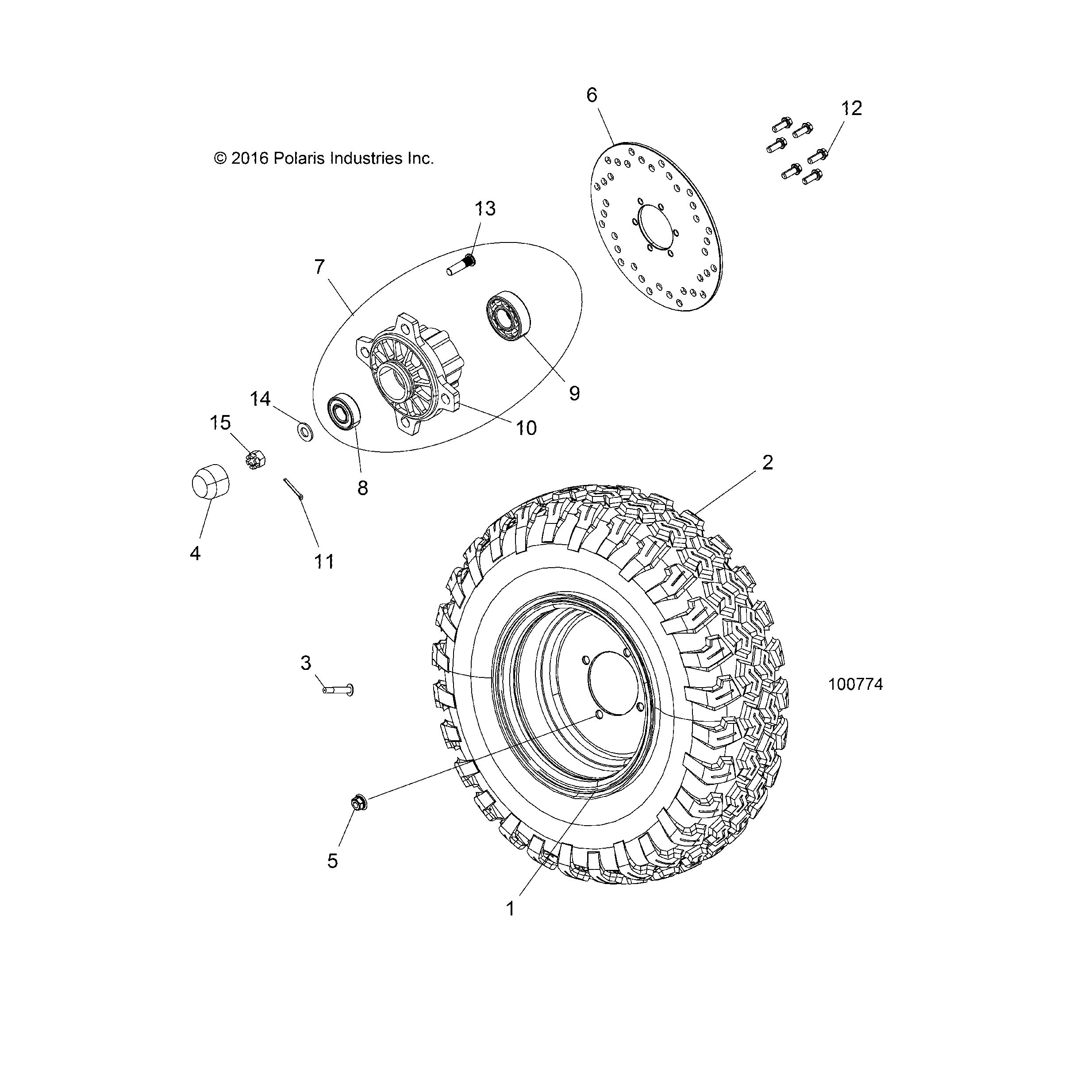 An Image of a Genuine Polaris Parts Schematic Diagram showing the schematic - WHEELS: FRONT TIRE and BRAKE DISC - 2018 POLARIS ACE 150 EFI INDY