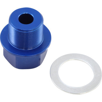 The Oil Adapter M20 x 1.0 x 15 by Koso North America and a flat silver aluminum washer are shown on a white background, perfect for sensor installations.