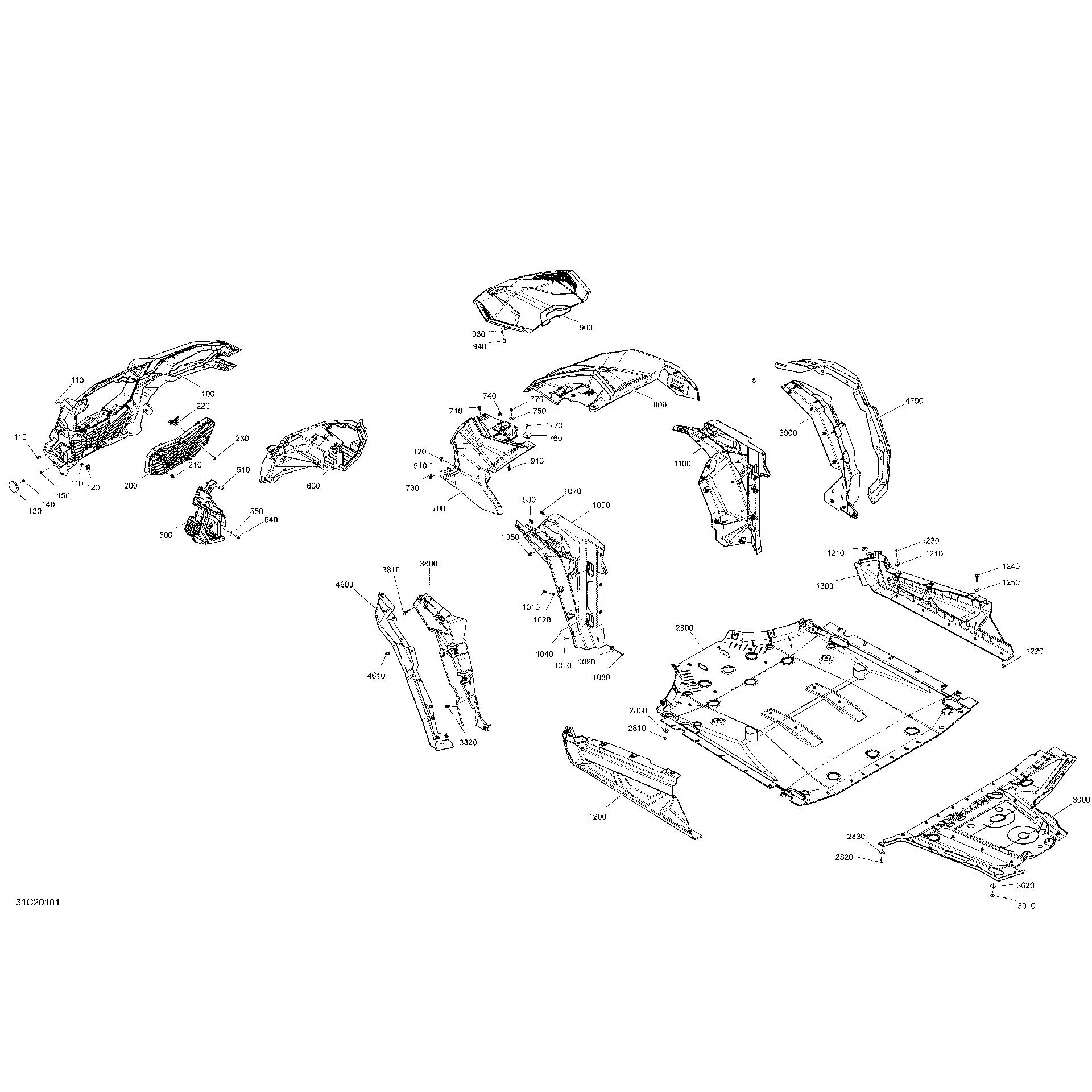 An Image of a Genuine Can-Am Parts Schematic Diagram showing the schematic - BODY - FRONT SECTION - MANTA GREEN