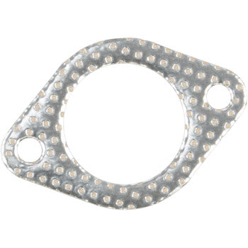 The Polaris Exhaust Gasket by Cometic is a metallic, oval gasket made in the USA, featuring a large central hole with two smaller holes on opposite ends and a textured surface with raised dots for high-temperature sealing.