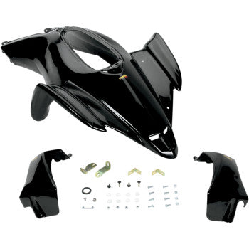 Glossy black front fender set with mounting hardware for Yamaha YFZ450 4X2 models, durable plastic construction.