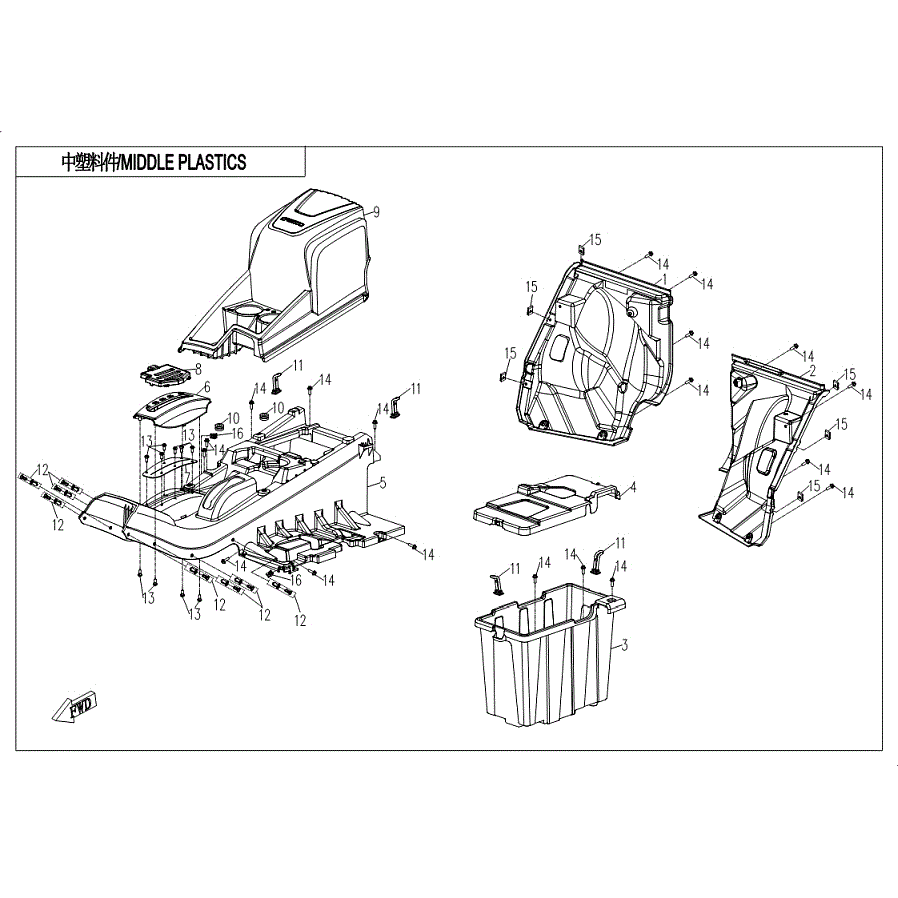 An Image of a Genuine CFMOTO Parts Schematic Diagram showing the schematic - MIDDLE PLASTICS - 2019 CFMOTO UFORCE 800