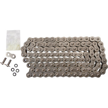 The 520 Z3 Heavy Duty Drive Chain by JT Chains (112 links) with connecting pins, O-rings, and extra small parts in a plastic bag are displayed coiled on a white background.