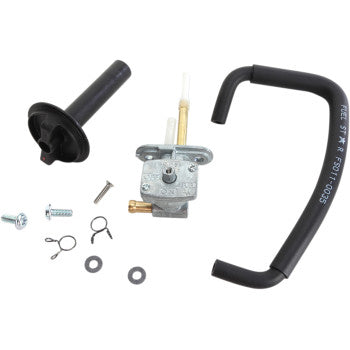 The Yamaha Petcock Fuel Kit by All Balls includes an OE replacement fuel valve, black fuel line, screws, washers, clips, a black handle, and a metal valve with filter tubes—all shown on a white background.