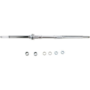 The Yamaha Raptor Axle Eliminator 2+2 by Dura Blue is shown horizontally with four washers and two lock nuts arranged below it on a white background, highlighting its use for adjustable rear axle setups.