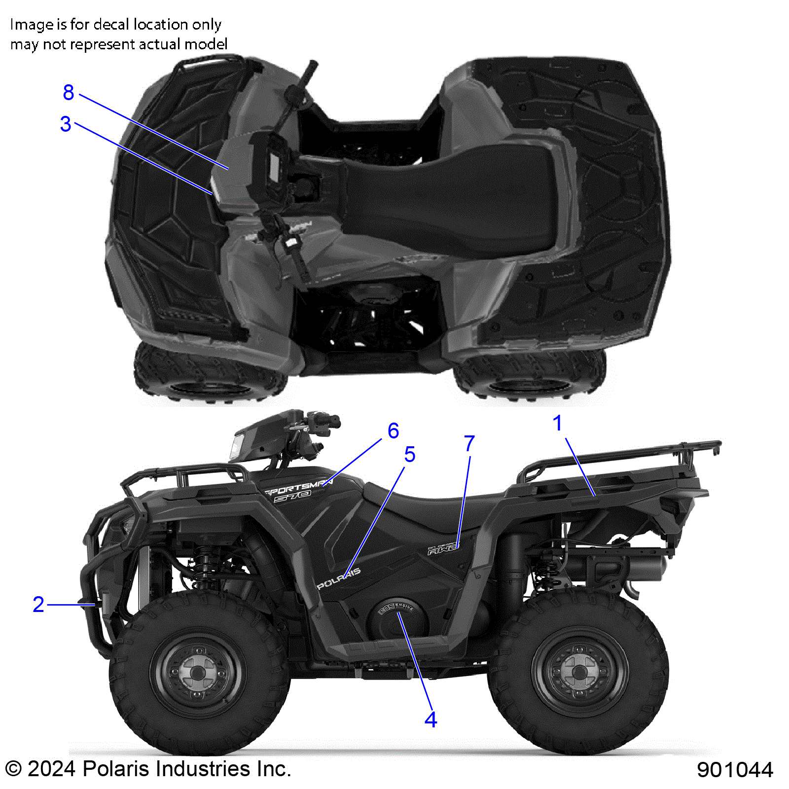 An Image of a Genuine Polaris Parts Schematic Diagram showing the schematic - BODY: DECALS GRAPHIC - 2025 POLARIS SPORTSMAN 570 EPS