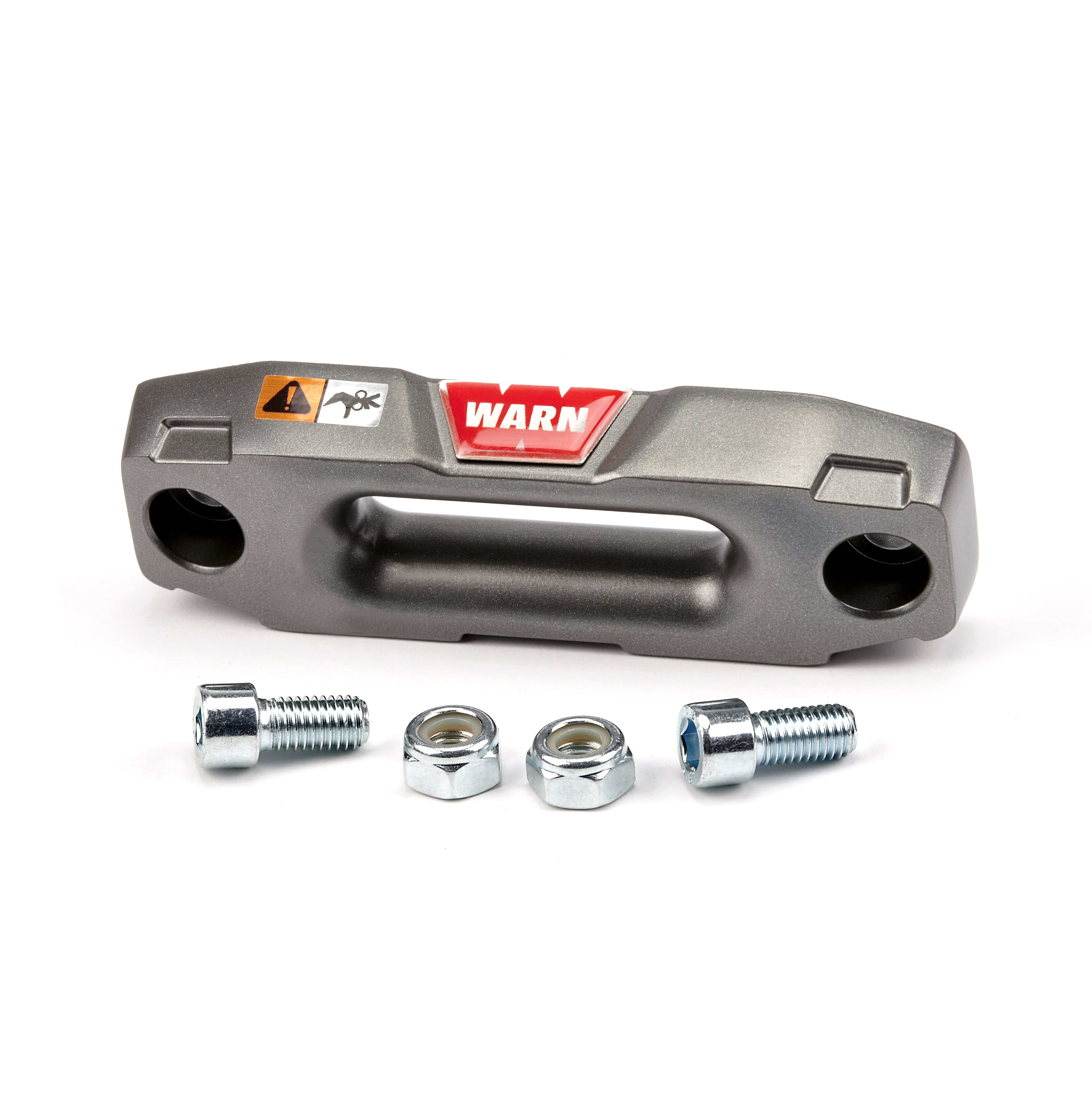 The WARN Provantage 2000/3000/3500, VRX 25 & 35 Epic Powersports Hawse Fairlead features a gray metallic finish, a red and white WARN logo, and comes with two bolts and two nuts positioned in front.