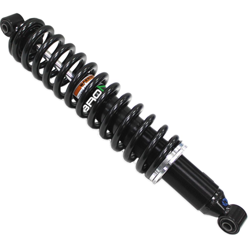 A Yamaha Grizzly UTV/ATV Rear Gas Shock by Bronco in black, featuring a coiled spring around a cylindrical damper, with mounting points at both ends and Witchdoctors.com branding on the side.