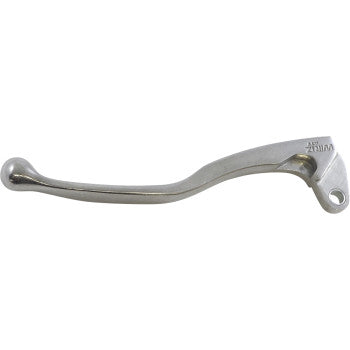 The Brake Lever Left Hand Polished by Moose Offroad is a silver metal lever with an ergonomic design, rounded end, two mounting holes, and a smooth grip.