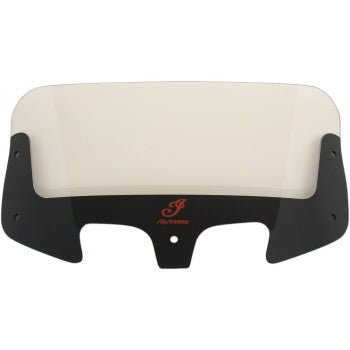 The Indian Windshield - 12 - Tint by Slipstreamer features a curved rectangular tinted design, black mounting brackets, and a small red logo with text at the bottom center—ideal for Indian motorcycles.