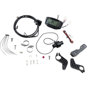 Compact black digital gauge with LCD screen, cables, mounting brackets, screws, and zip ties laid out on white background.