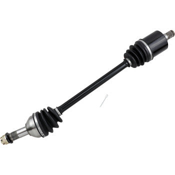 The Can Am Commander 1000 CV Axle Kit Complete OEM Replacement Standard Rear Left & Right by Moose Offroad features black and silver chromoly steel shafts with rubber boots, designed for durable power transfer from transmission to wheels. Includes a small metal pin.