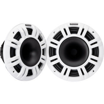 Two Kicker 8" 4-ohm marine-grade speakers with black cones and a modern open grille are displayed side by side, set against a white background.